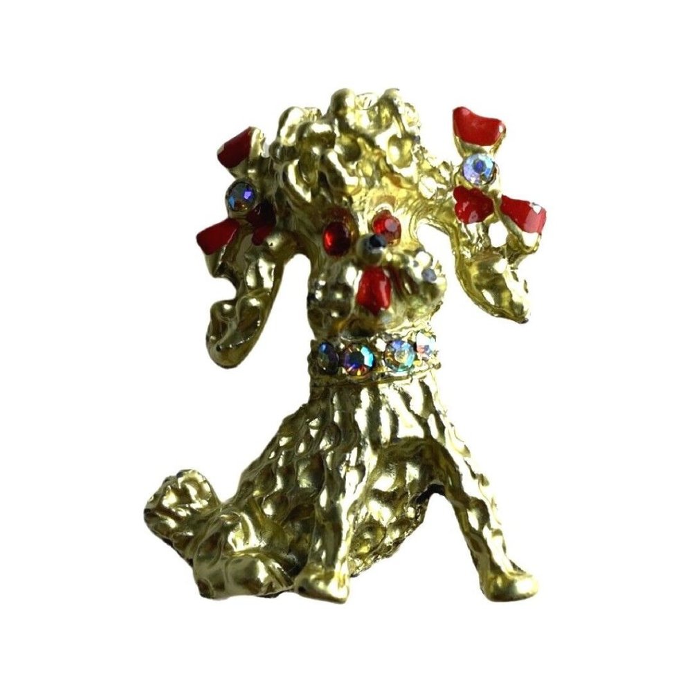 Vtg 60’s Poodle Figural Gold Brooch With Red Bows